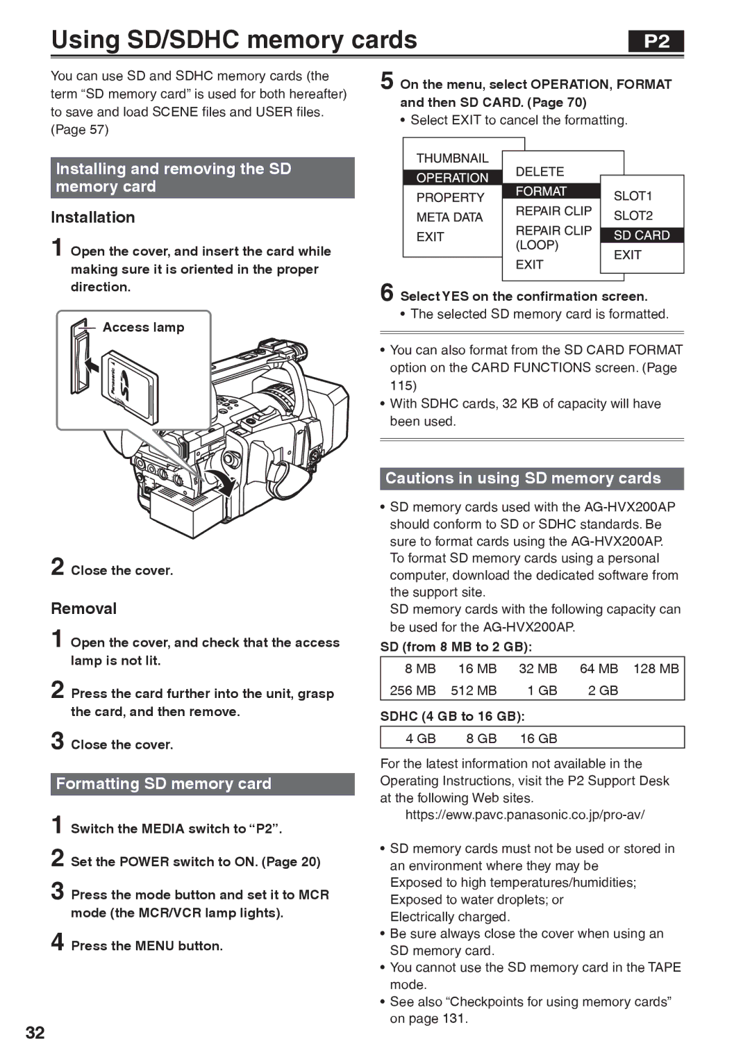 Panasonic AG-HVX200AP Using SD/SDHC memory cards, Installing and removing the SD memory card, Formatting SD memory card 