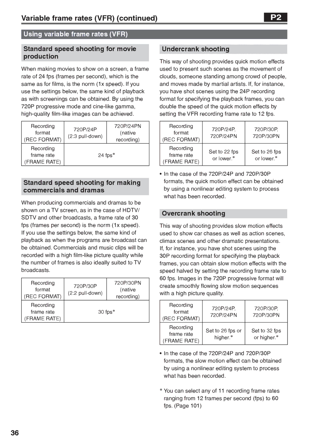 Panasonic AG-HVX200AP operating instructions Variable frame rates VFR, Using variable frame rates VFR 