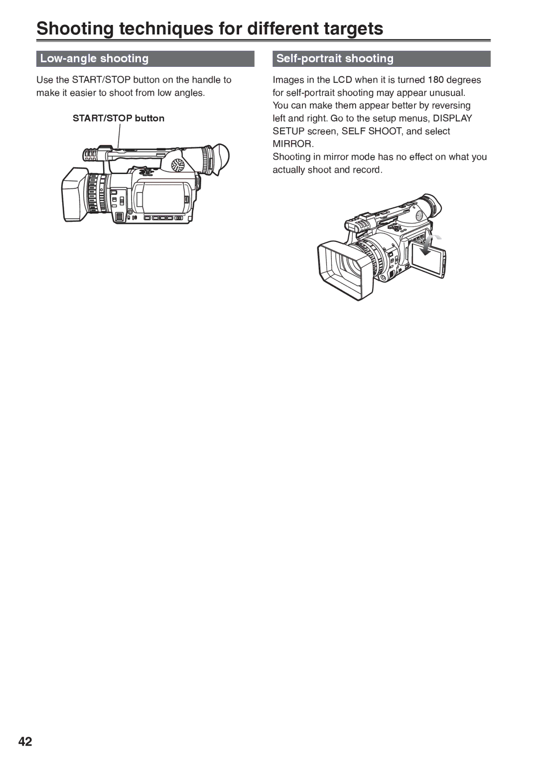 Panasonic AG-HVX200AP Shooting techniques for different targets, Low-angle shooting, Self-portrait shooting, Mirror 