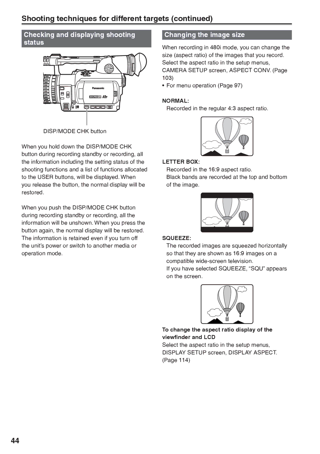 Panasonic AG-HVX200AP Shooting techniques for different targets, Checking and displaying shooting status 