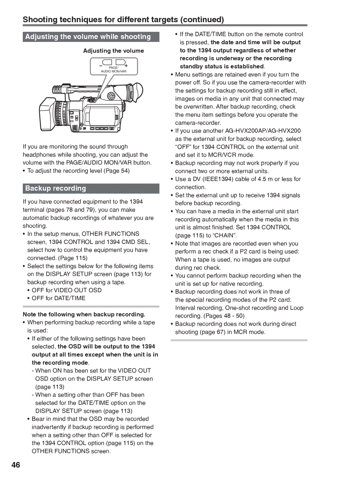 Panasonic AG-HVX200AP Adjusting the volume while shooting, Backup recording, To adjust the recording level 