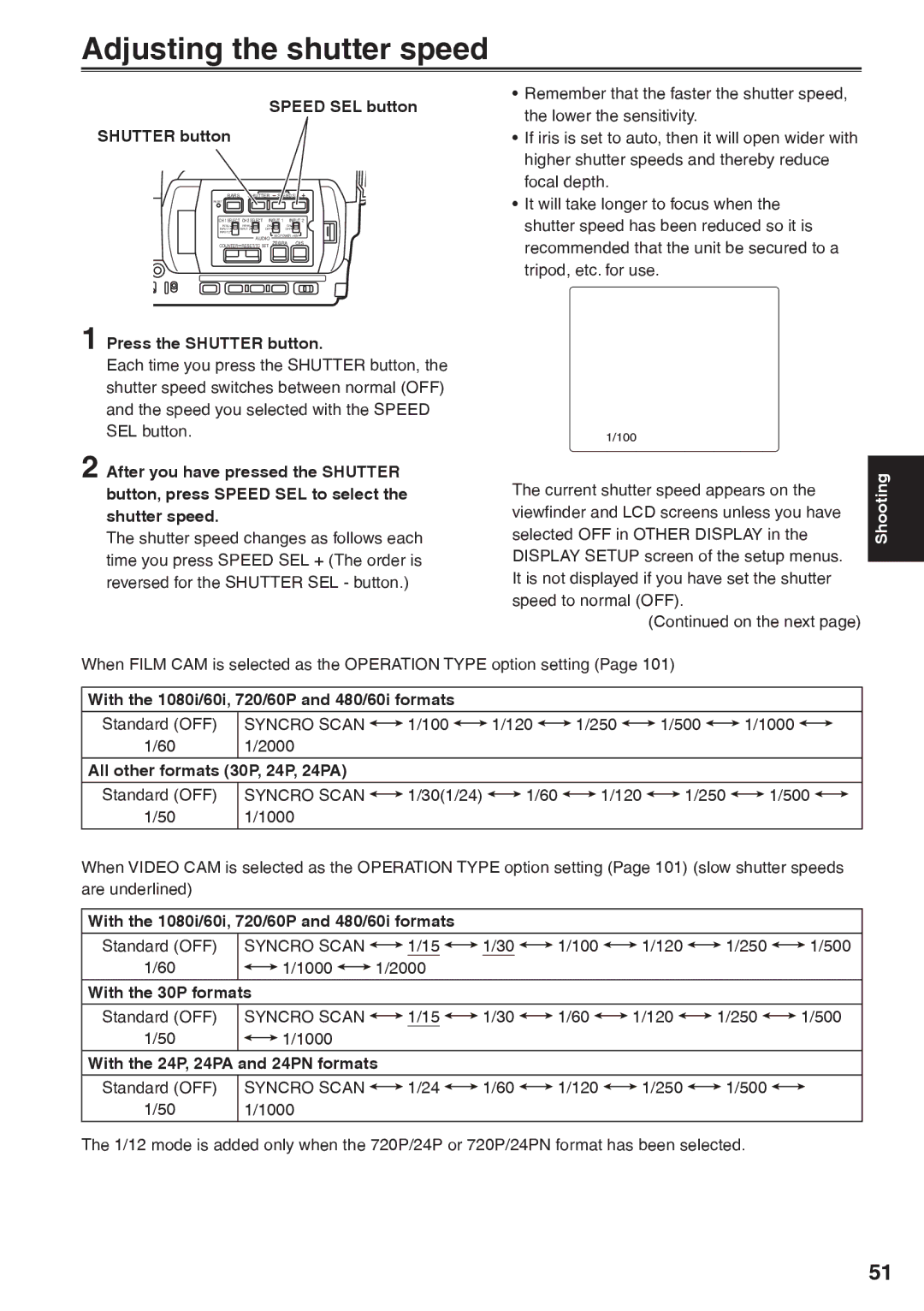 Panasonic AG-HVX200AP operating instructions Adjusting the shutter speed 