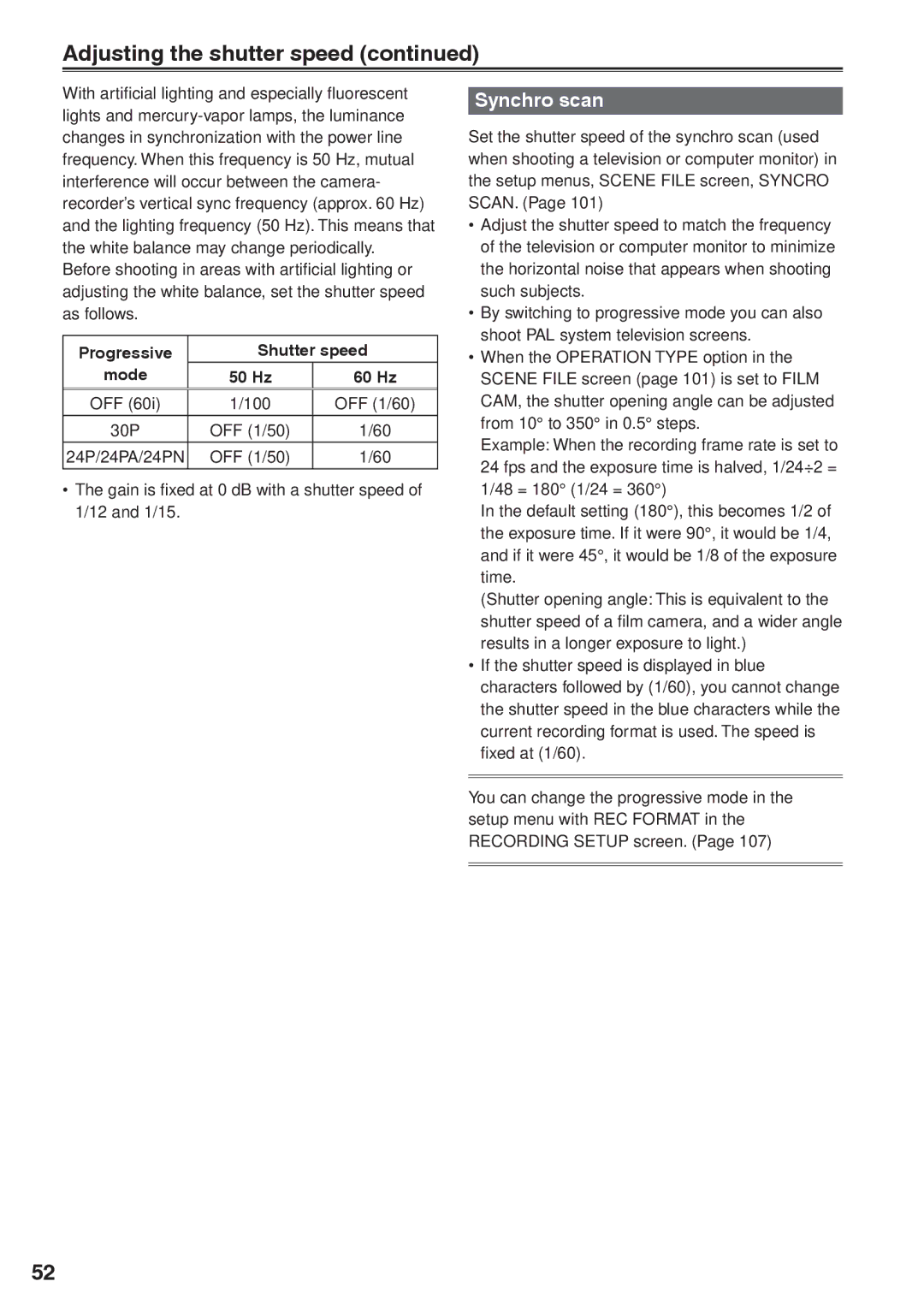 Panasonic AG-HVX200AP Adjusting the shutter speed, Synchro scan, Progressive Shutter speed Mode 50 Hz 