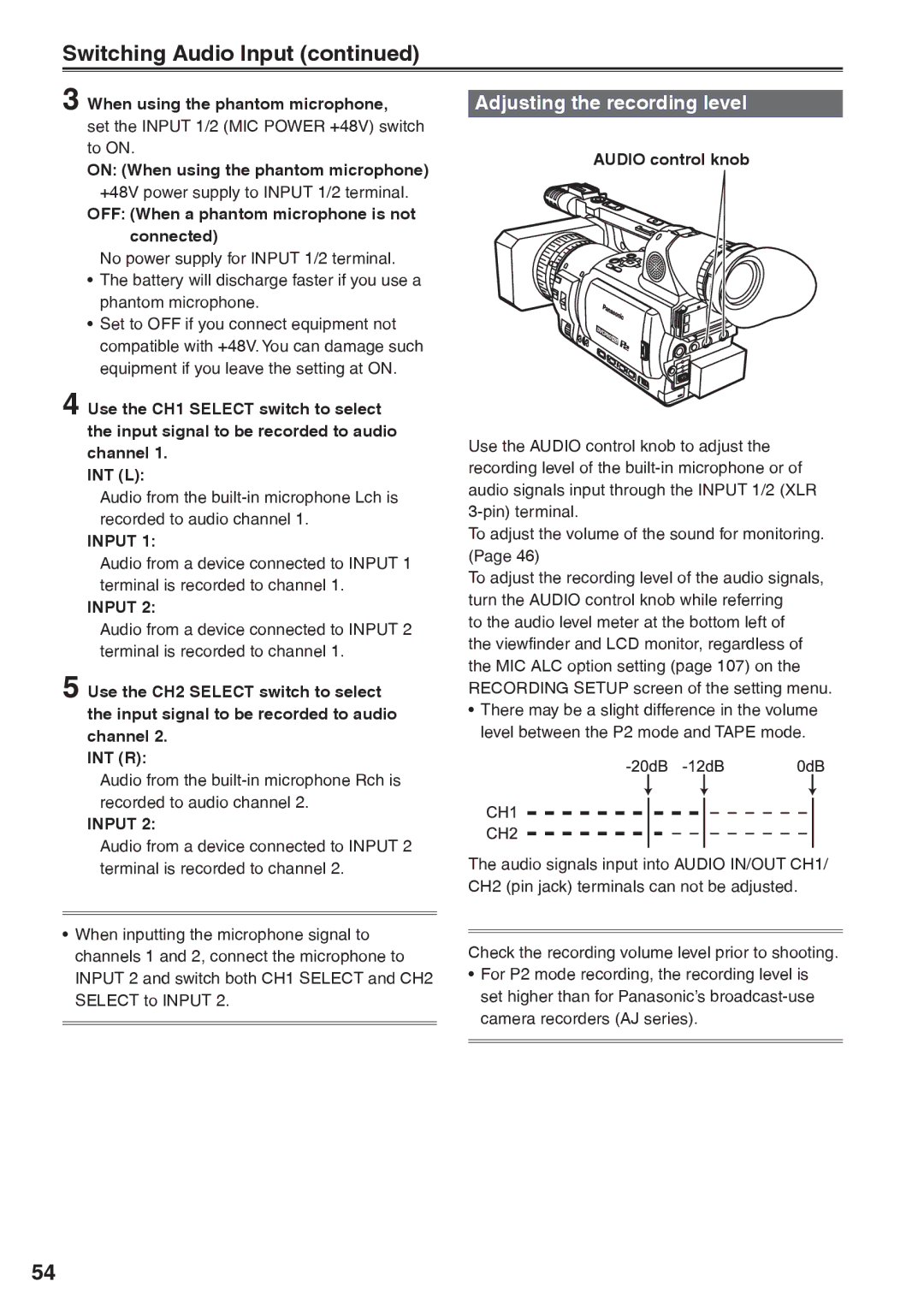 Panasonic AG-HVX200AP operating instructions Switching Audio Input, Adjusting the recording level 