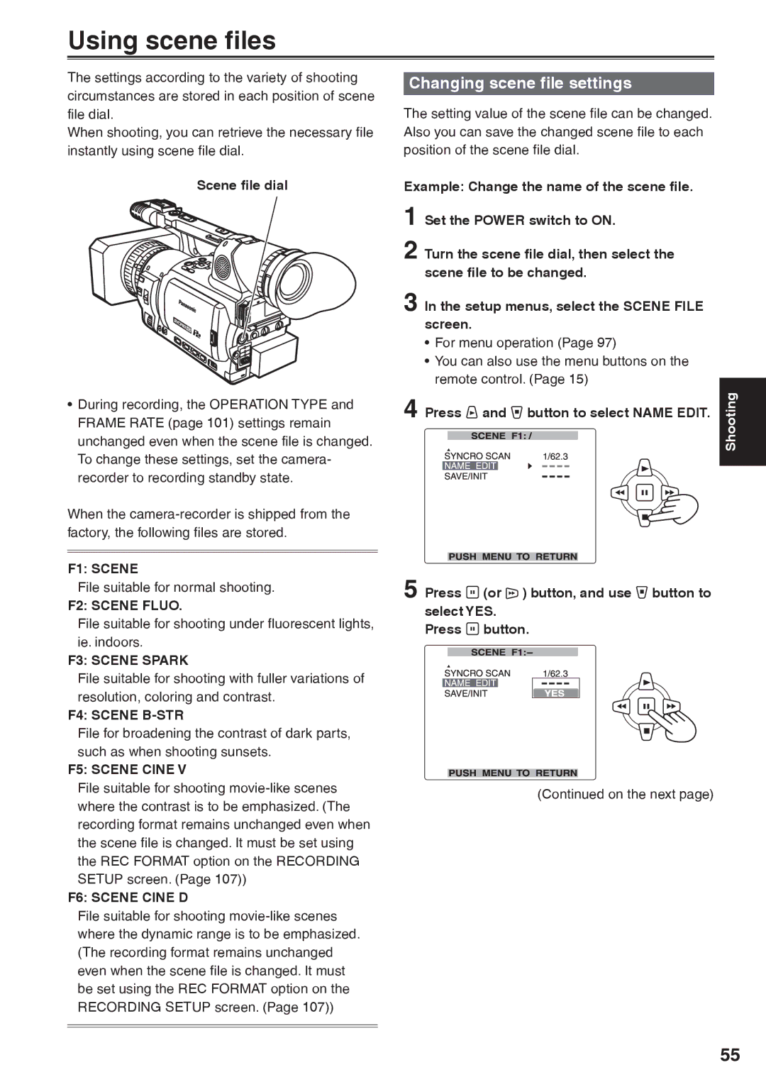 Panasonic AG-HVX200AP operating instructions Using scene files, Changing scene file settings 