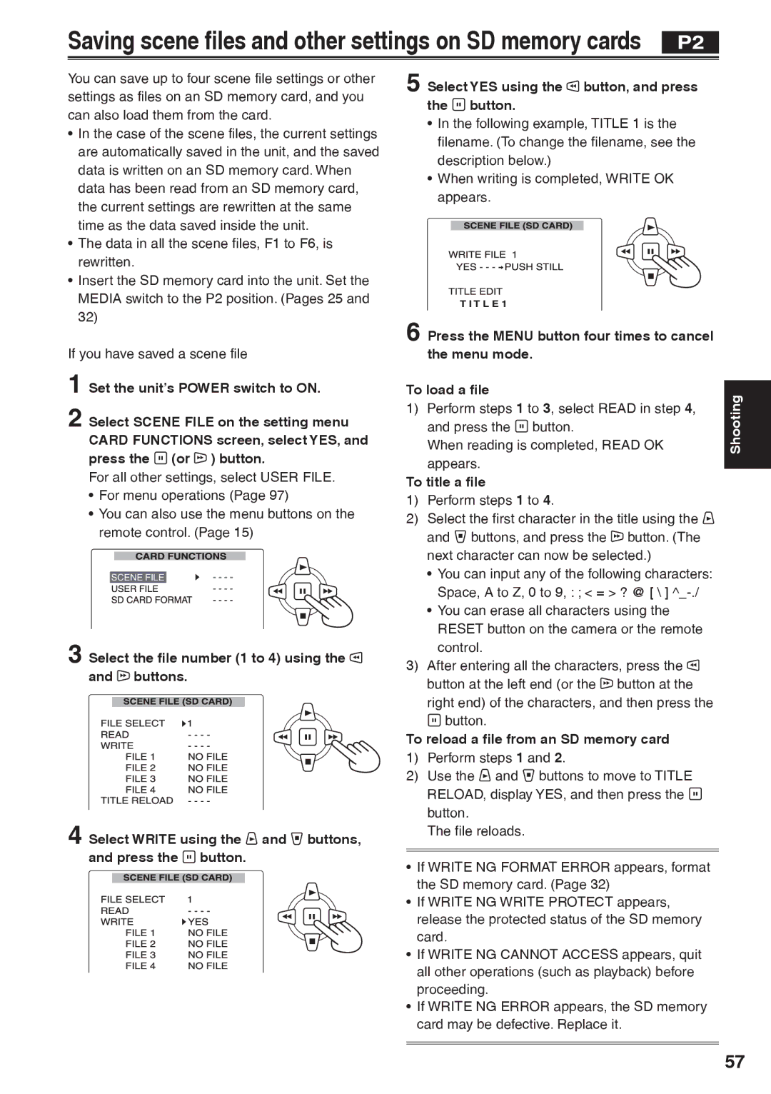 Panasonic AG-HVX200AP To title a file, Perform steps 1 to, Button, To reload a file from an SD memory card 