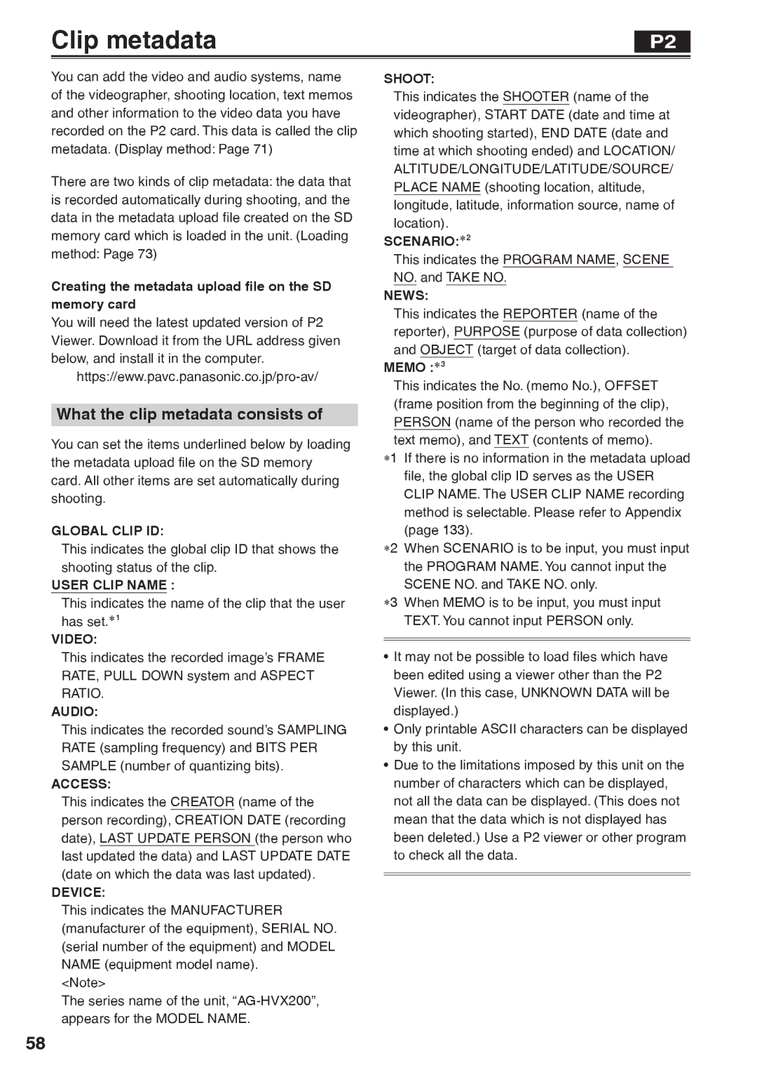 Panasonic AG-HVX200AP operating instructions Clip metadata, What the clip metadata consists 