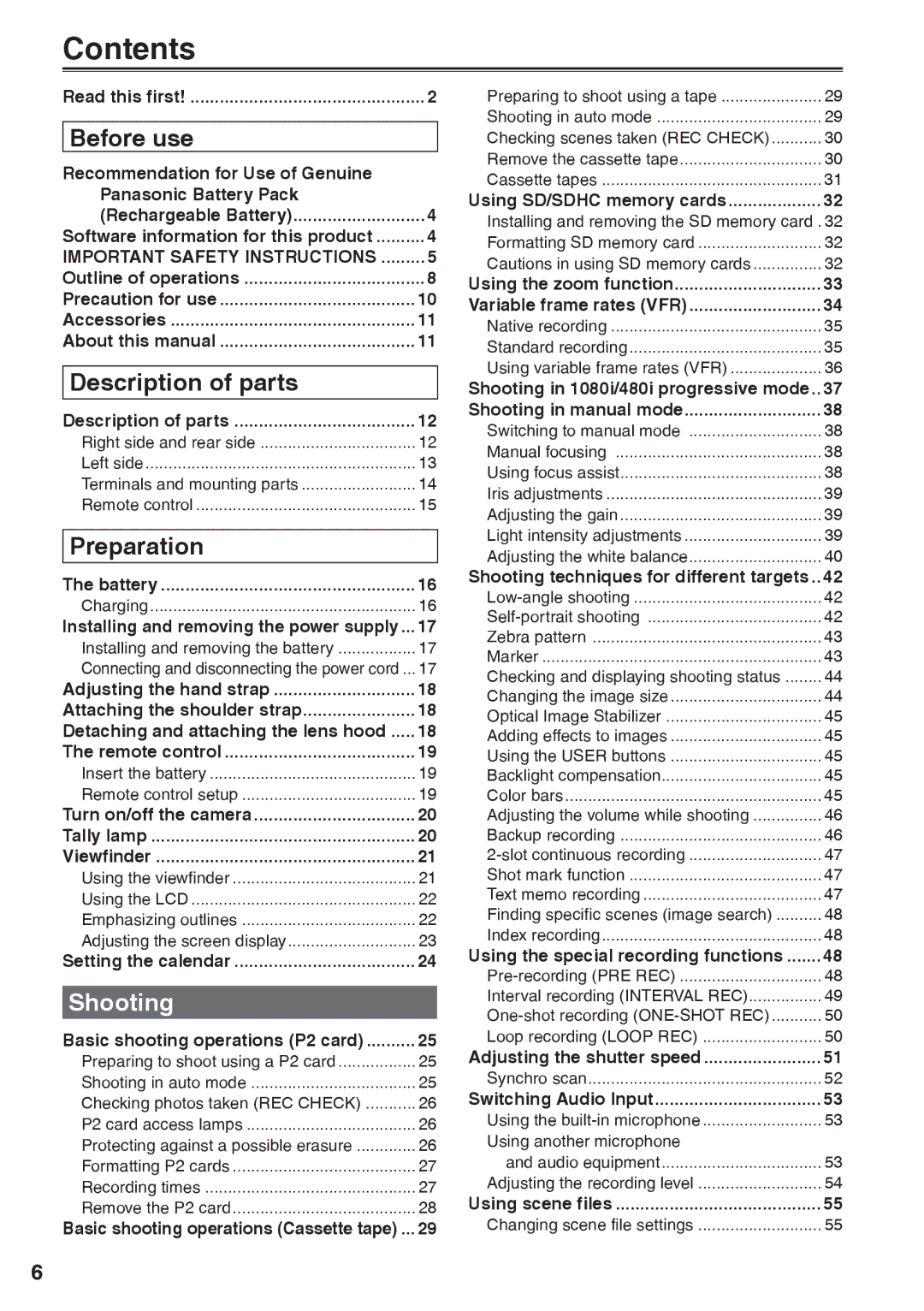 Panasonic AG-HVX200AP operating instructions Contents 