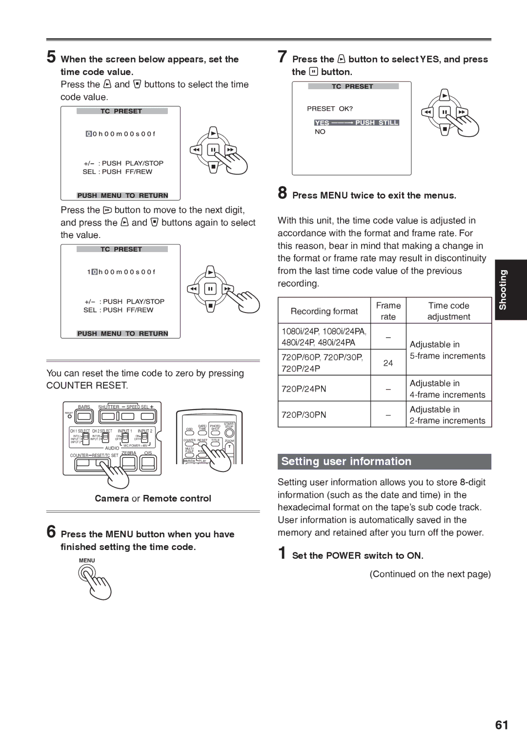 Panasonic AG-HVX200AP Setting user information, When the screen below appears, set the time code value, Counter Reset 