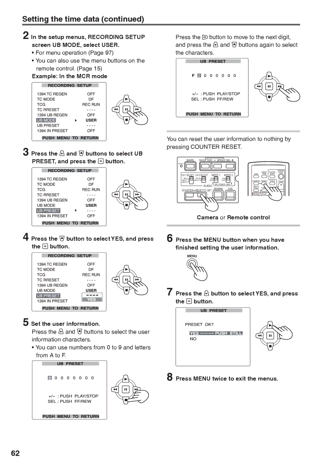 Panasonic AG-HVX200AP Setting the time data, Setup menus, Recording Setup screen UB MODE, select User 