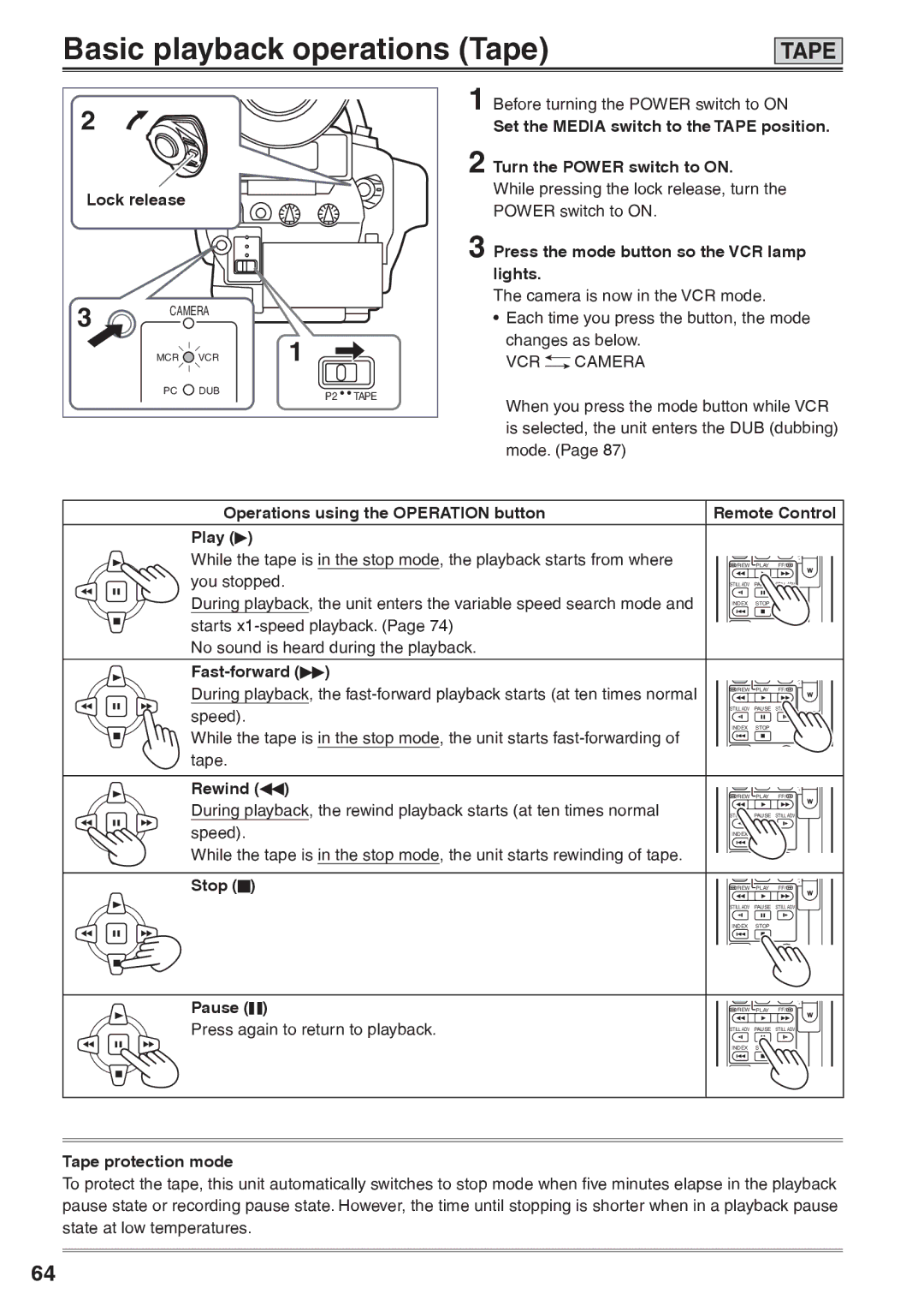 Panasonic AG-HVX200AP operating instructions Basic playback operations Tape 