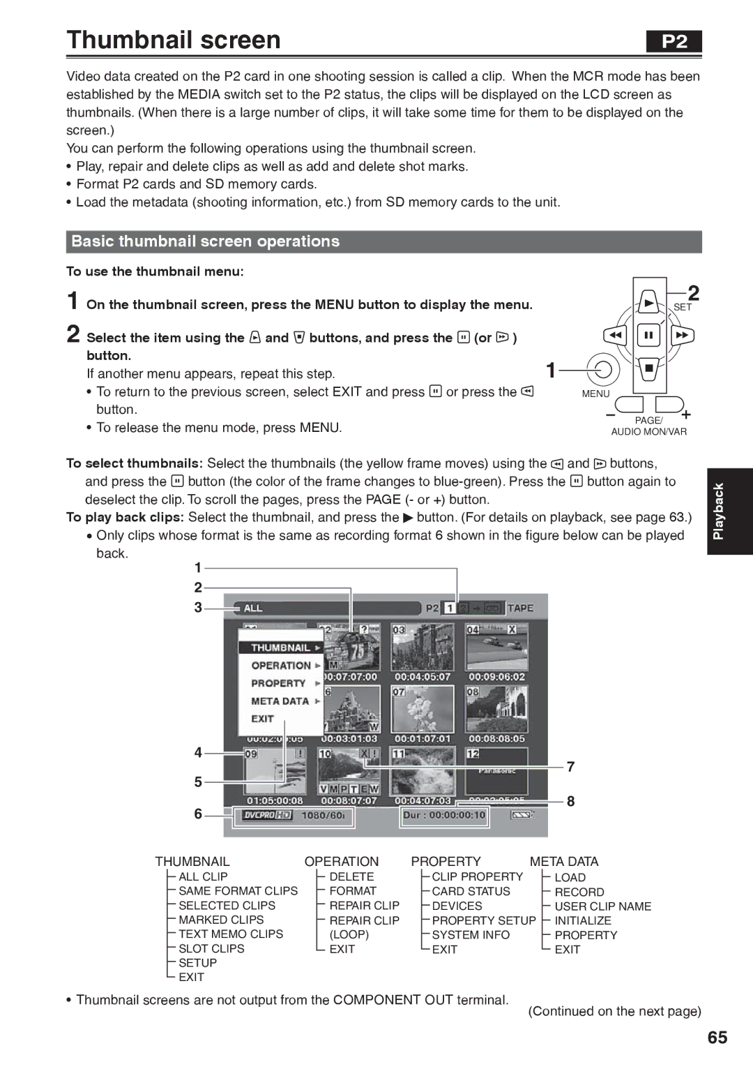 Panasonic AG-HVX200AP operating instructions Thumbnail screen, Basic thumbnail screen operations, To use the thumbnail menu 