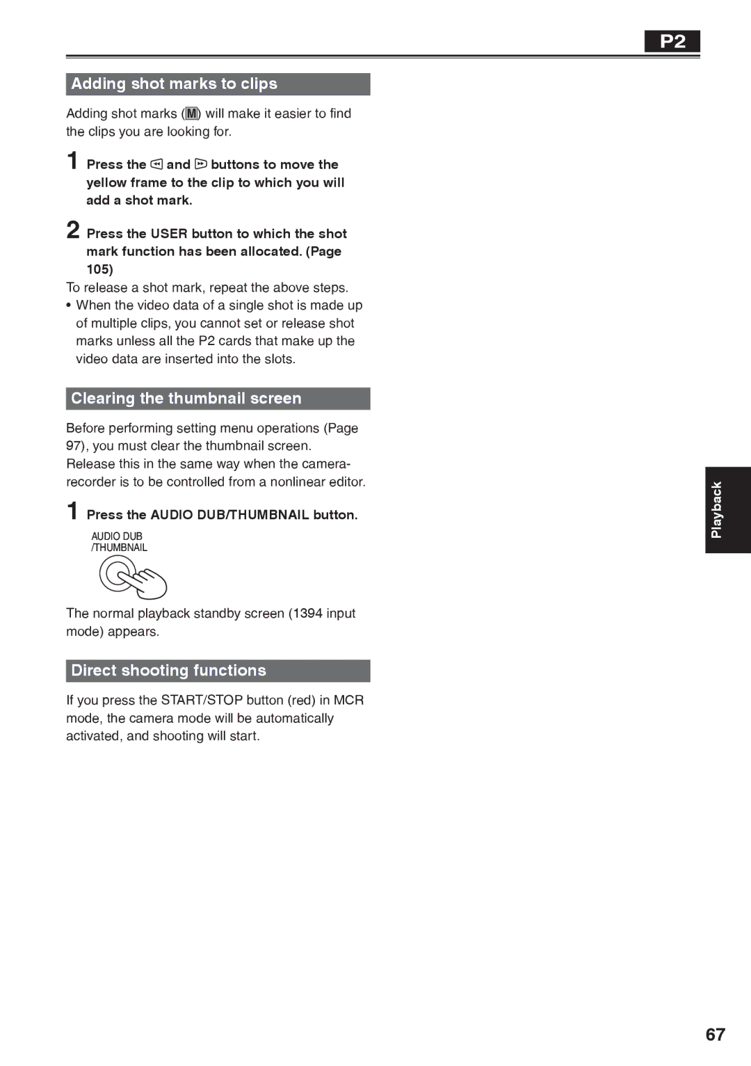 Panasonic AG-HVX200AP Adding shot marks to clips, Clearing the thumbnail screen, Direct shooting functions 