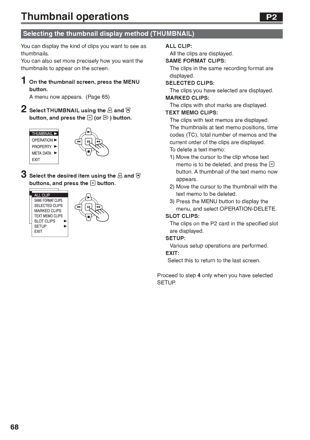 Panasonic AG-HVX200AP operating instructions Thumbnail operations, Selecting the thumbnail display method Thumbnail 