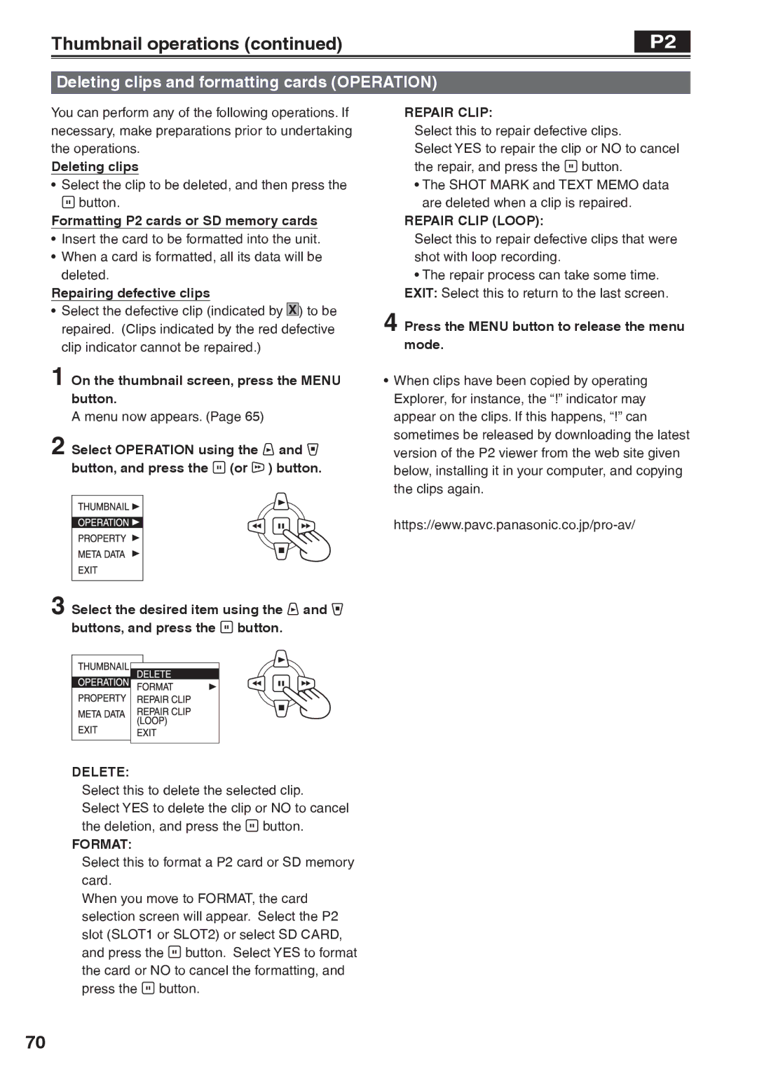 Panasonic AG-HVX200AP operating instructions Thumbnail operations, Deleting clips and formatting cards Operation 