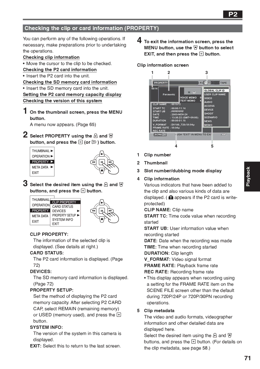 Panasonic AG-HVX200AP operating instructions Checking the clip or card information Property 