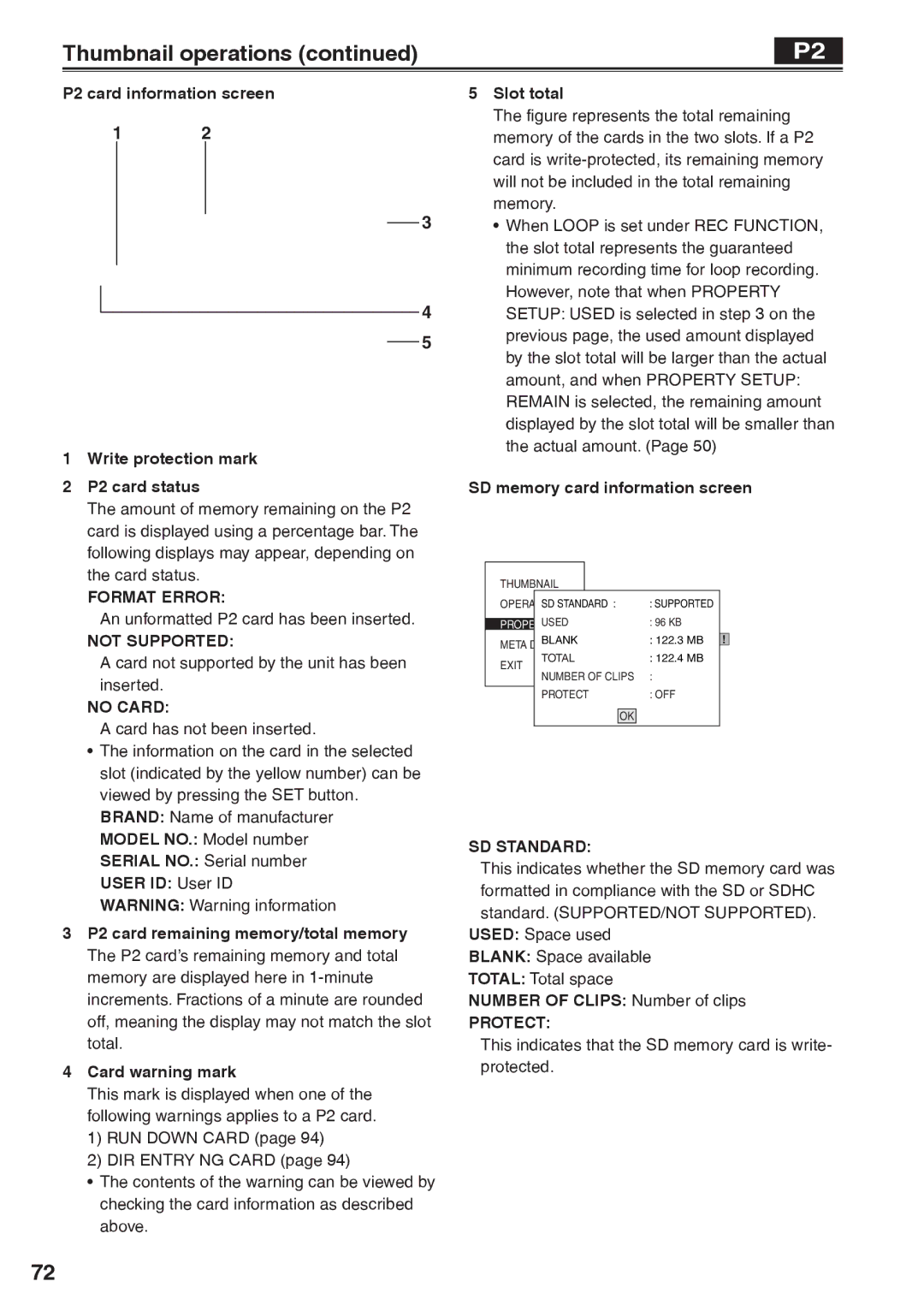 Panasonic AG-HVX200AP operating instructions Format Error, Not Supported, No Card, SD Standard, Protect 