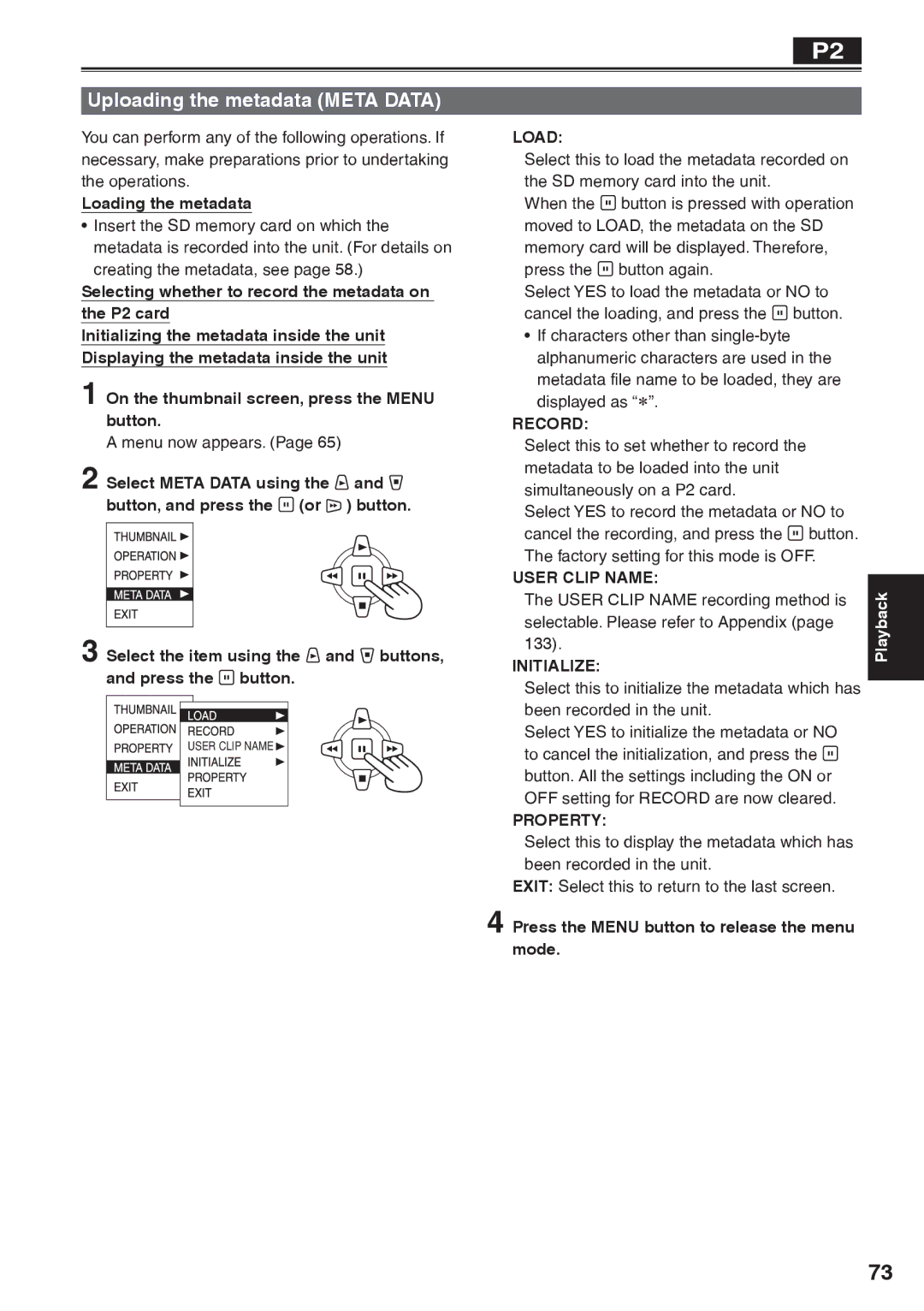 Panasonic AG-HVX200AP operating instructions Uploading the metadata Meta Data, Load, Record, Initialize, Property 