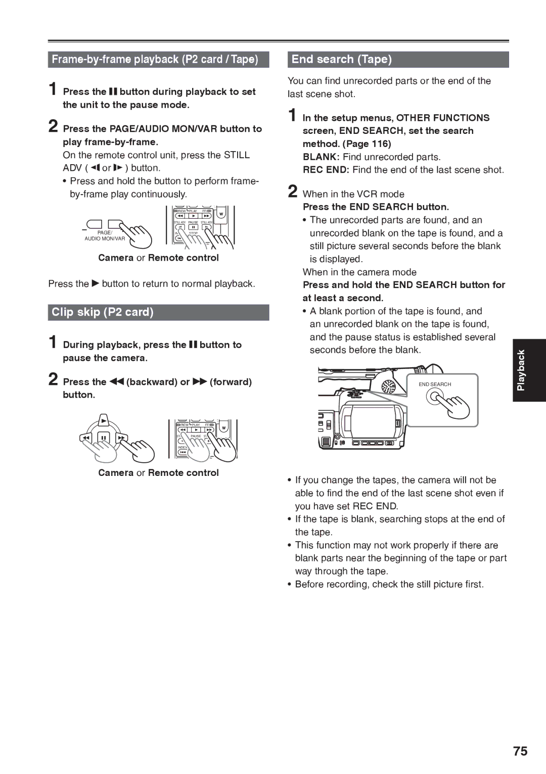 Panasonic AG-HVX200AP operating instructions Frame-by-frame playback P2 card / Tape, Clip skip P2 card, End search Tape 