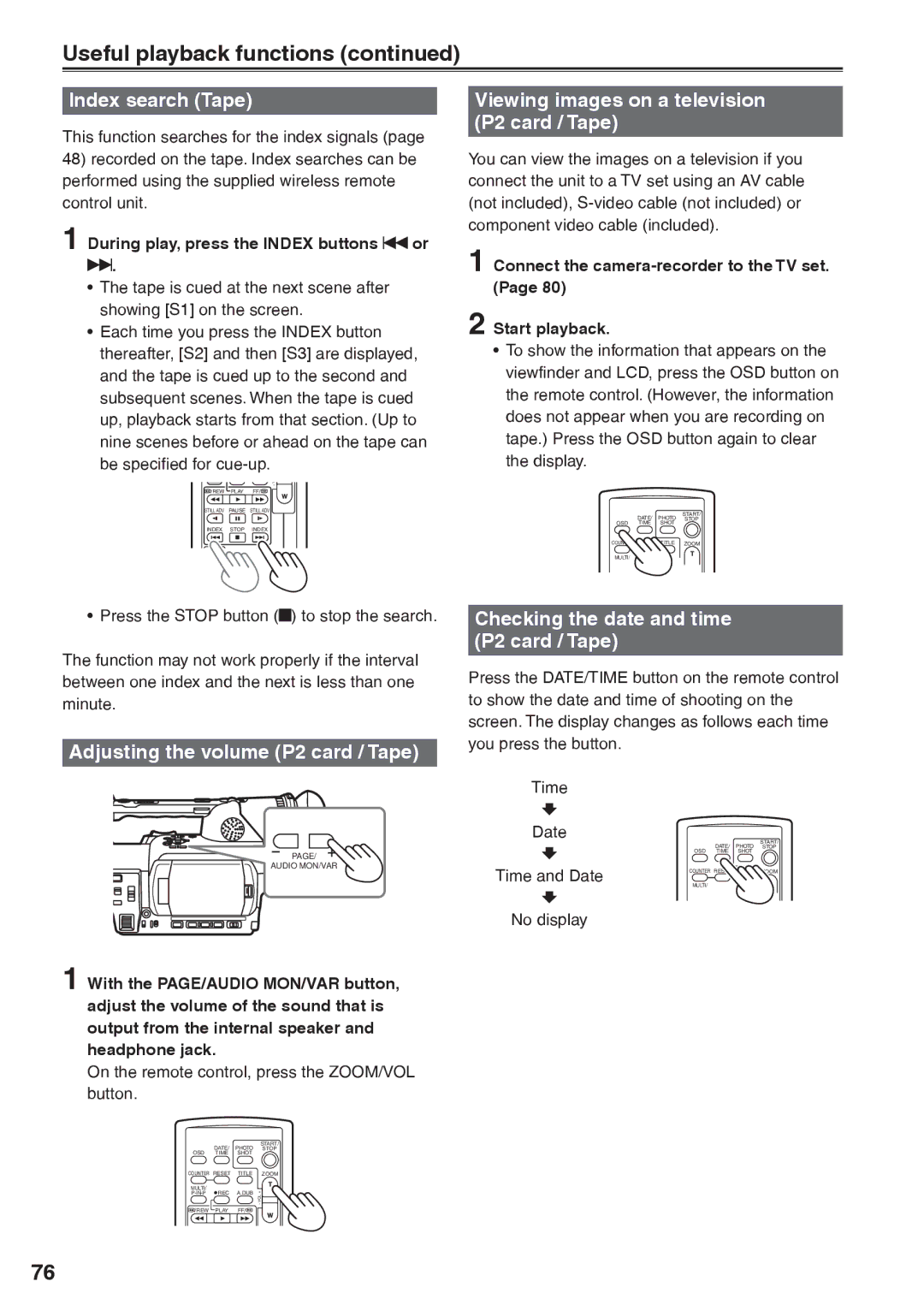 Panasonic AG-HVX200AP Useful playback functions, Index search Tape, Viewing images on a television P2 card / Tape 