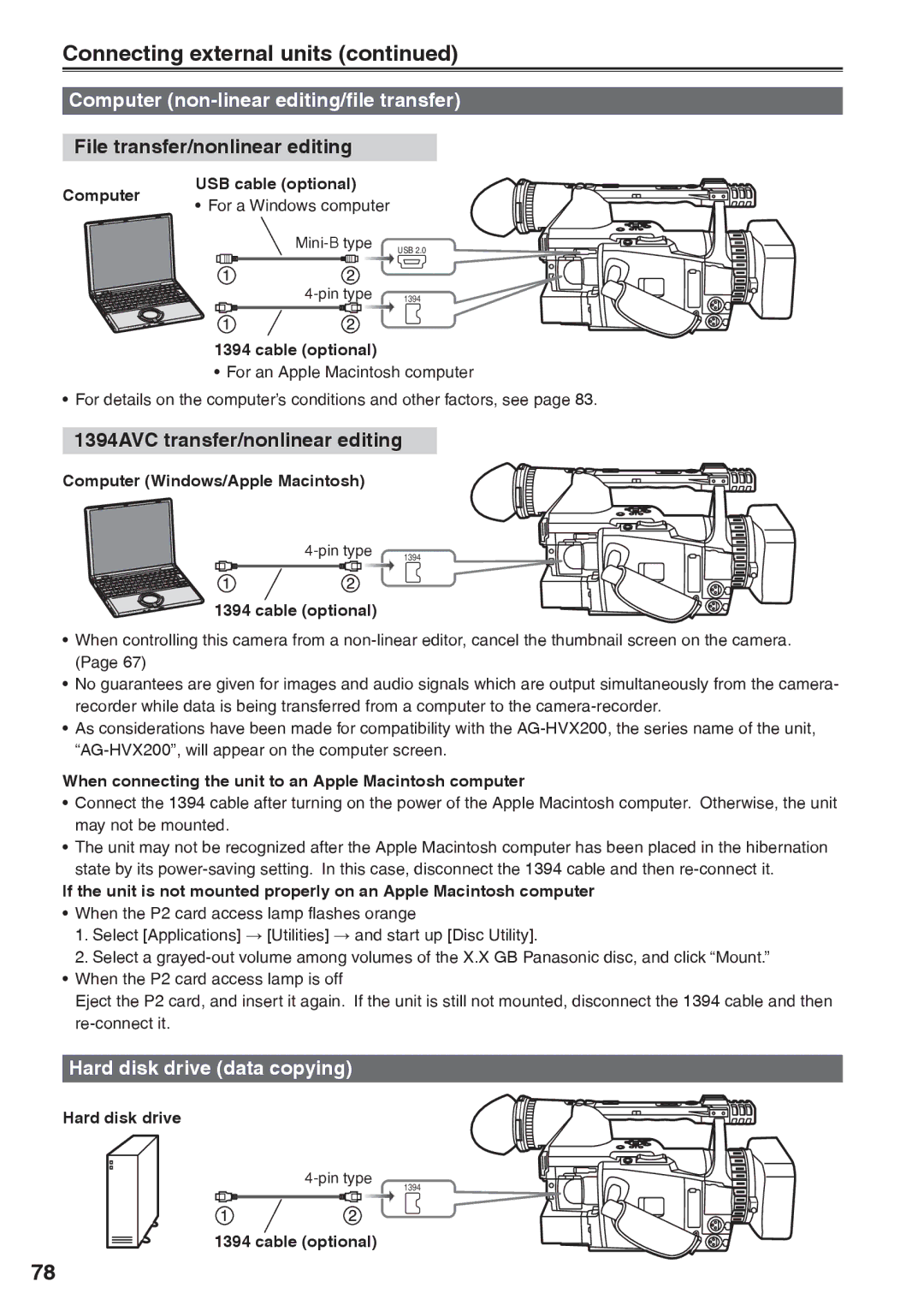 Panasonic AG-HVX200AP Connecting external units, Computer non-linear editing/file transfer, Hard disk drive data copying 