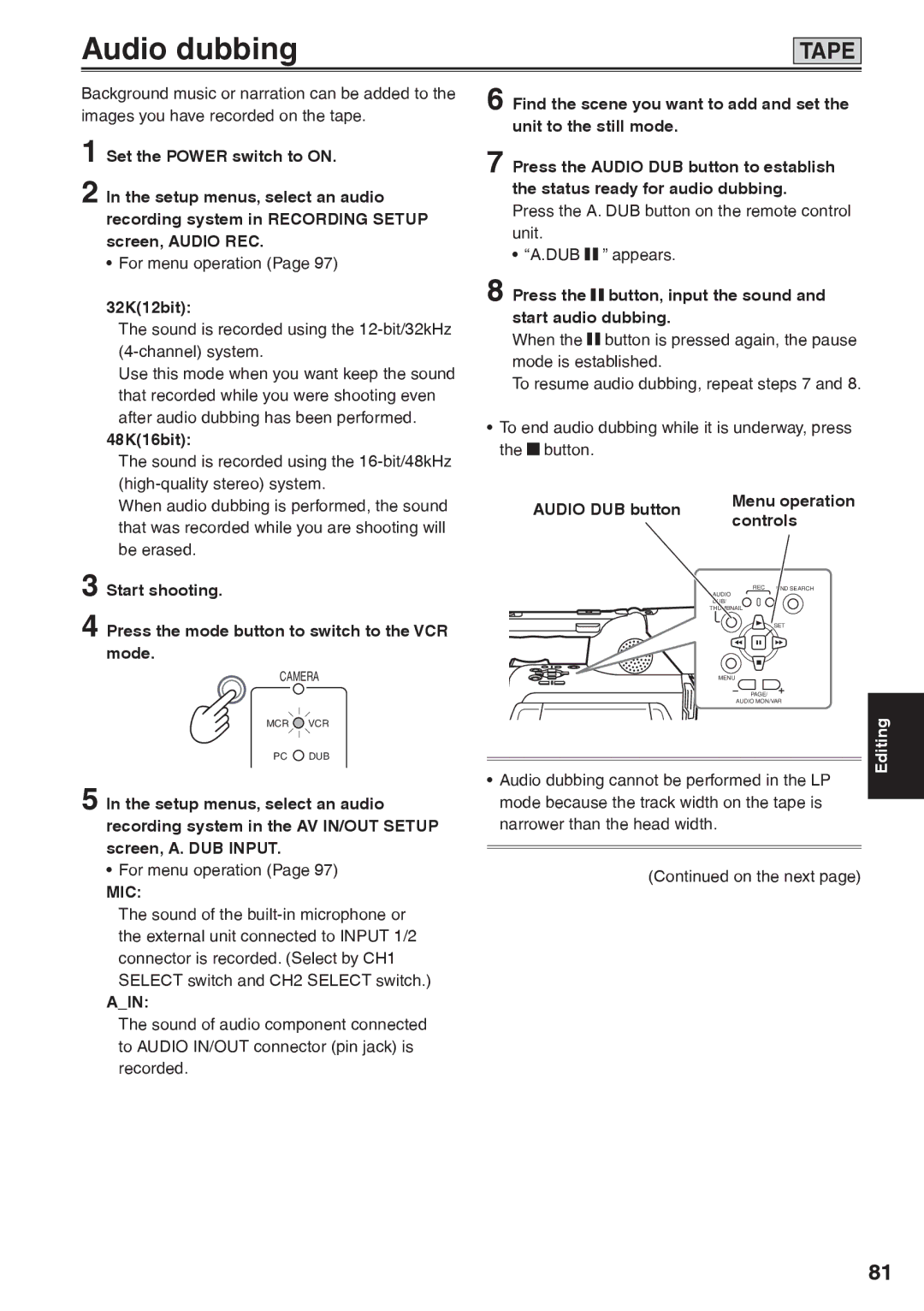 Panasonic AG-HVX200AP operating instructions Audio dubbing, Mic, Ain 