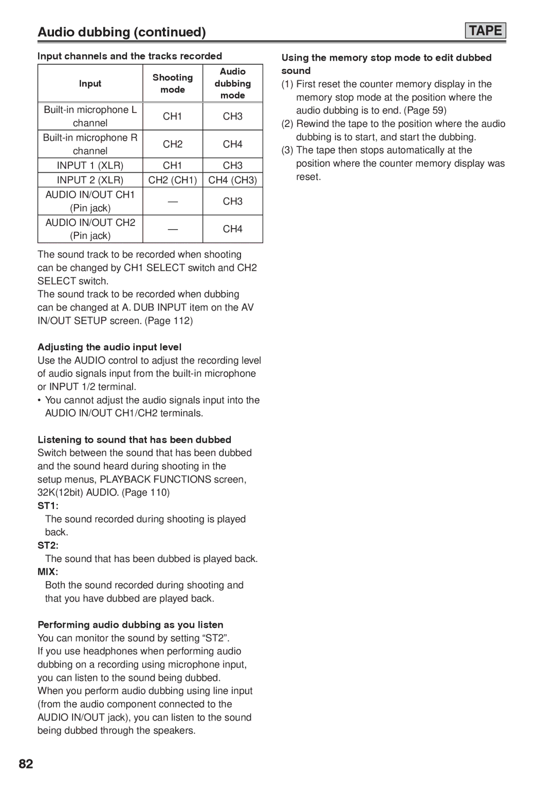 Panasonic AG-HVX200AP operating instructions Audio dubbing, Mix 