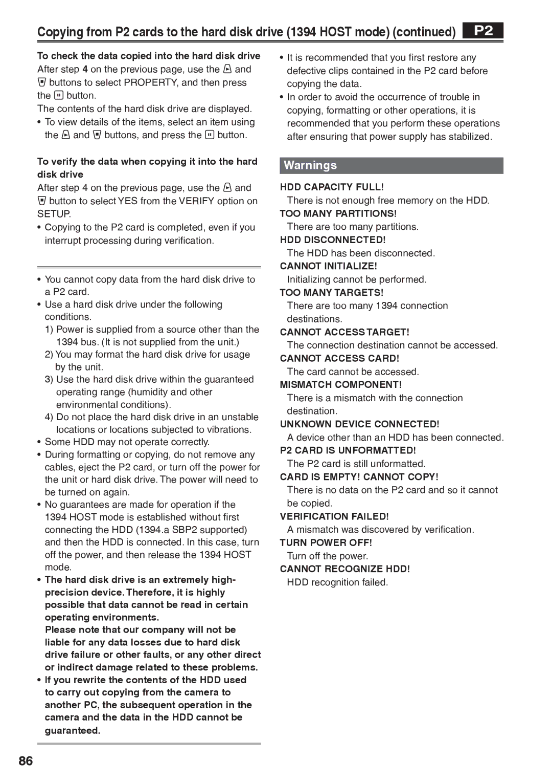 Panasonic AG-HVX200AP operating instructions Copying from P2 cards to the hard disk drive 1394 Host mode 