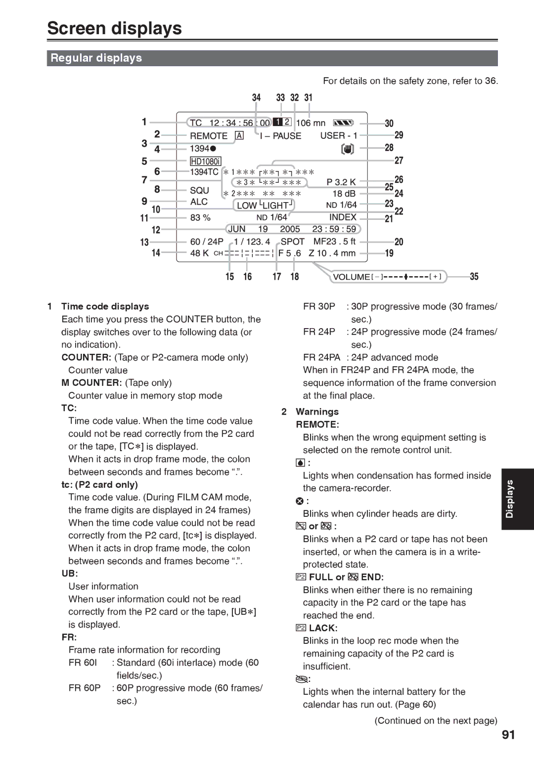 Panasonic AG-HVX200AP operating instructions Screen displays, Regular displays, Remote, P2 Lack 