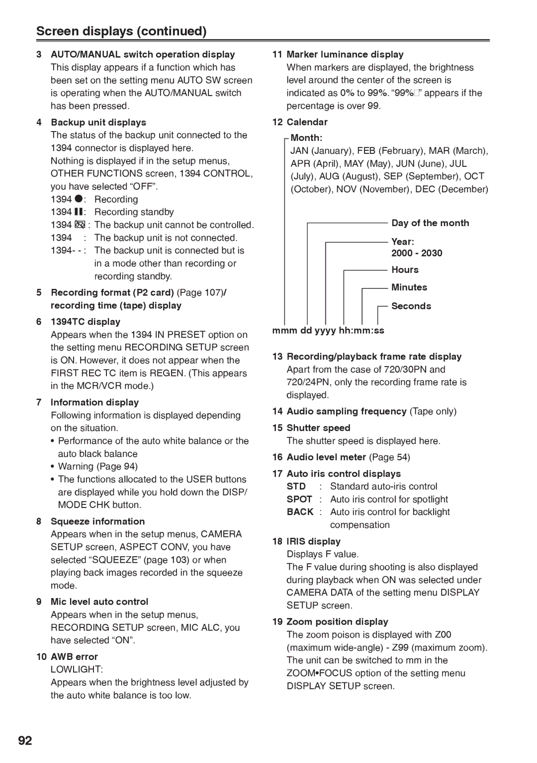 Panasonic AG-HVX200AP operating instructions Screen displays 