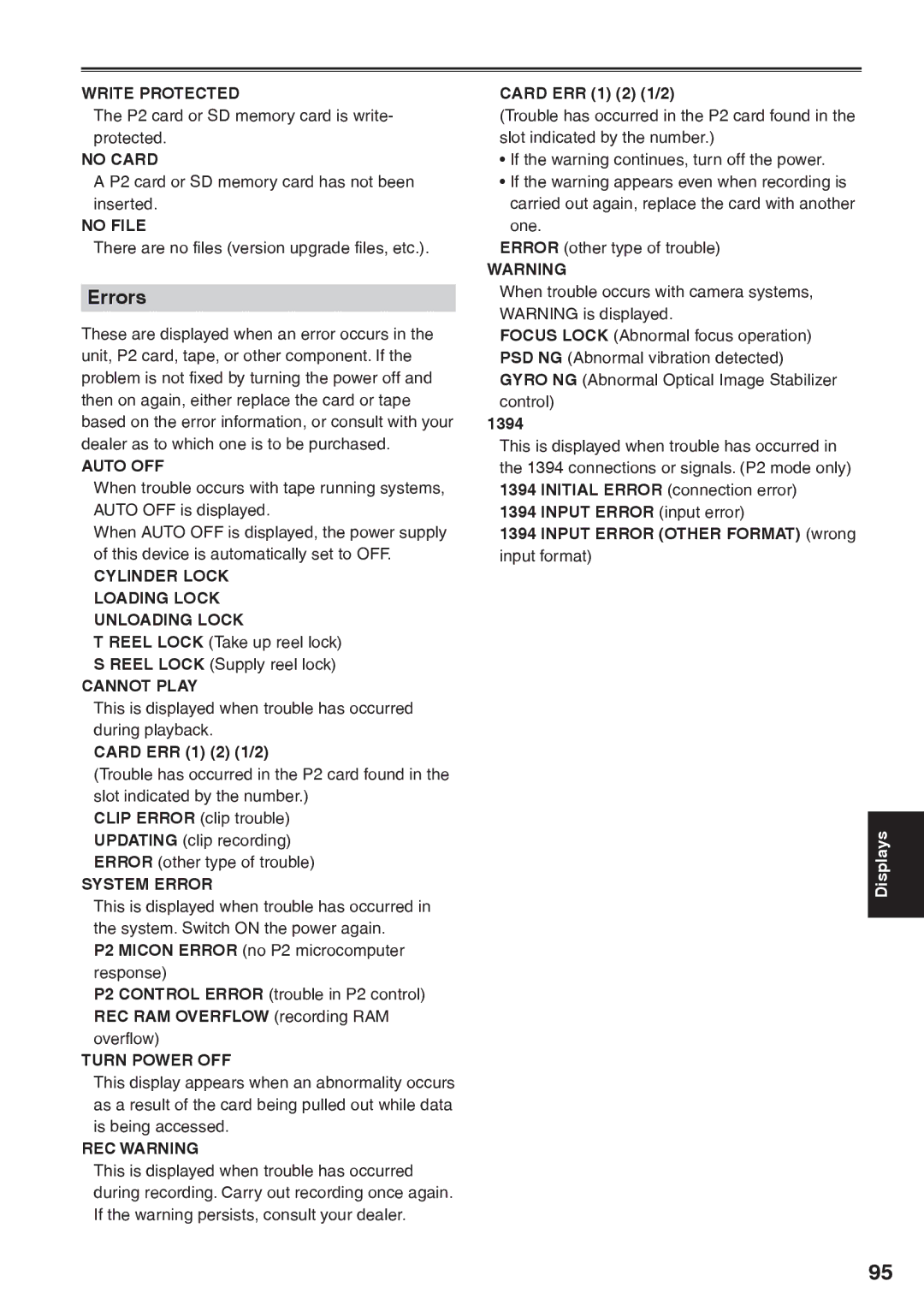 Panasonic AG-HVX200AP operating instructions Errors 