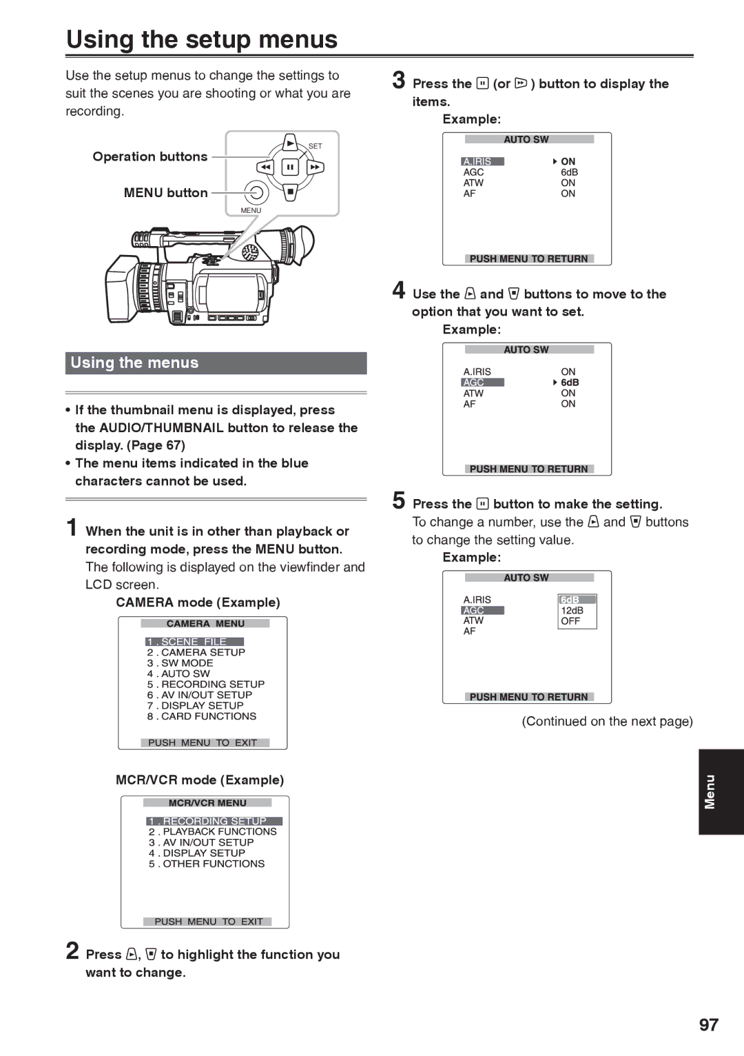 Panasonic AG-HVX200AP Using the setup menus, Using the menus, Camera mode Example Press the button to make the setting 