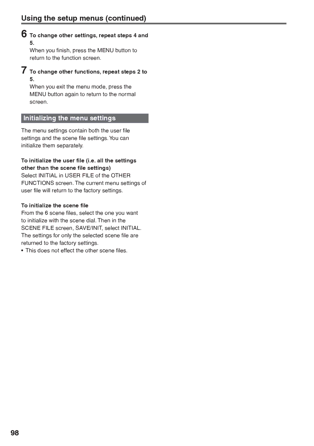 Panasonic AG-HVX200AP Using the setup menus, Initializing the menu settings, To change other settings, repeat steps 4 