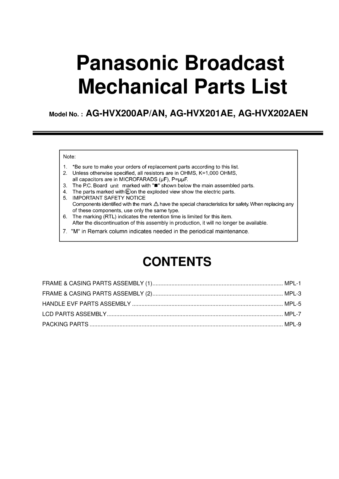 Panasonic AG-HVX202AEN manual Panasonic Broadcast Mechanical Parts List 