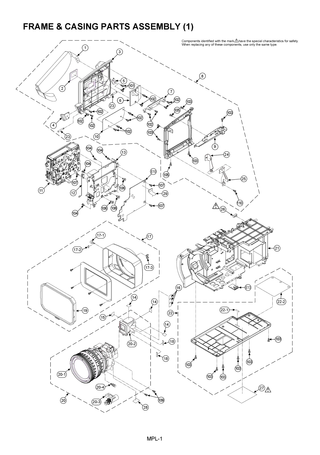 Panasonic AG-HVX202AEN manual Frame & Casing Parts Assembly, 101 102 103 104 