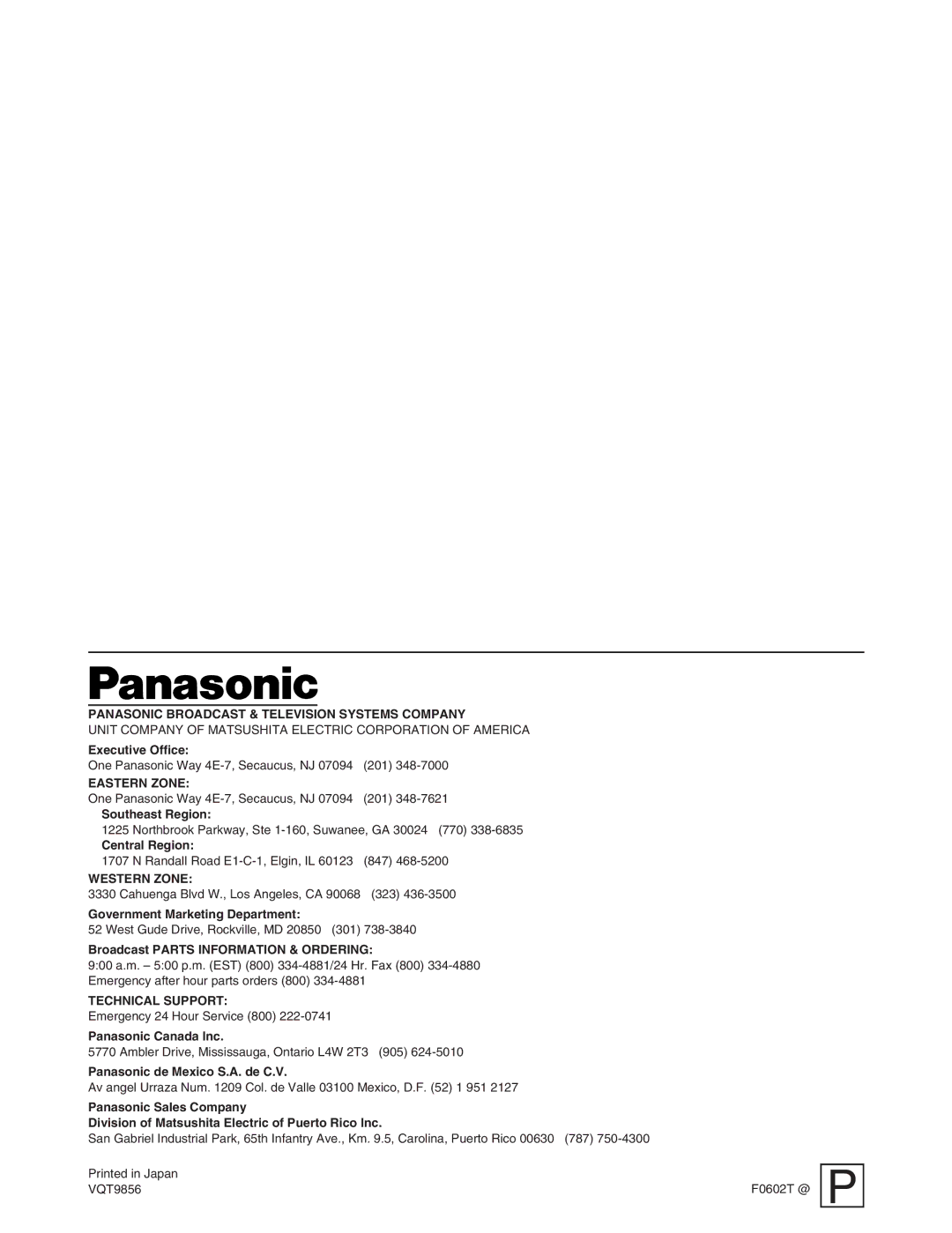 Panasonic AG-MX70 manual Panasonic Broadcast & Television Systems Company 