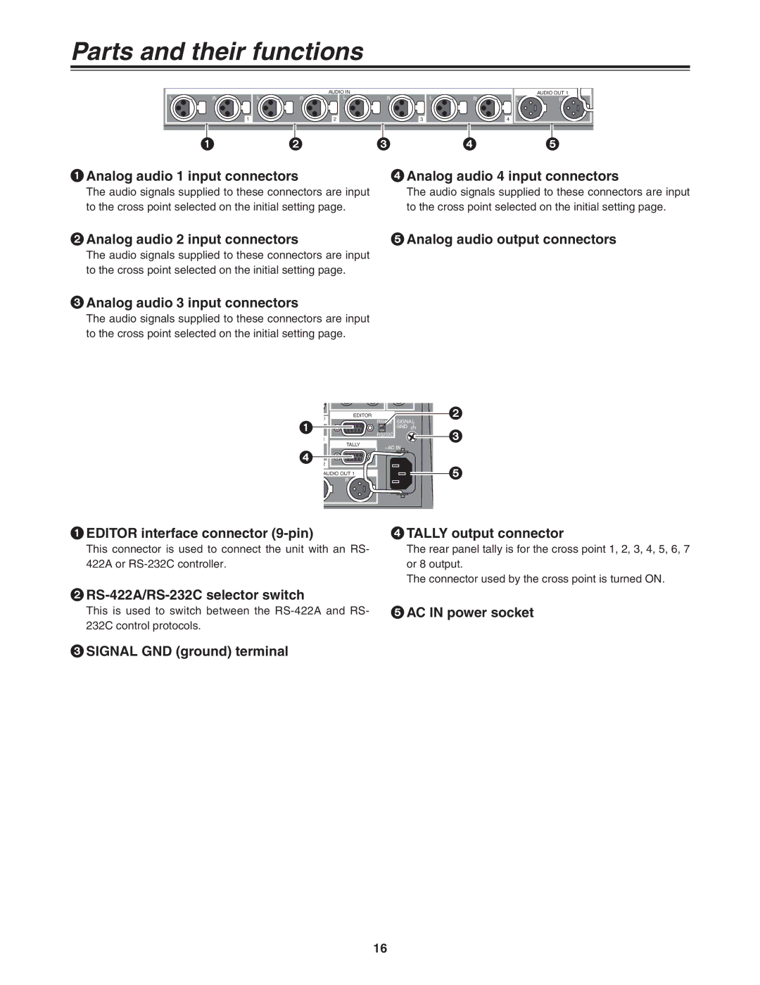 Panasonic AG-MX70 manual Analog audio 3 input connectors, Editor interface connector 9-pin, Tally output connector 