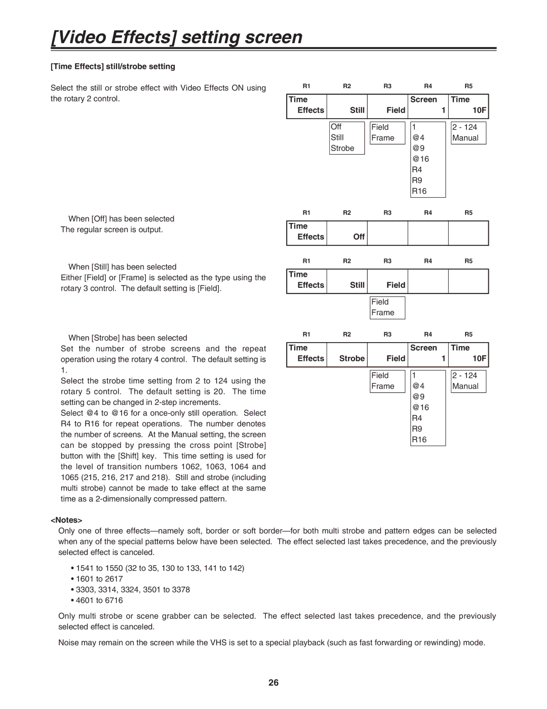 Panasonic AG-MX70 manual Time Effects still/strobe setting, Time Screen Effects Still Field 10F 