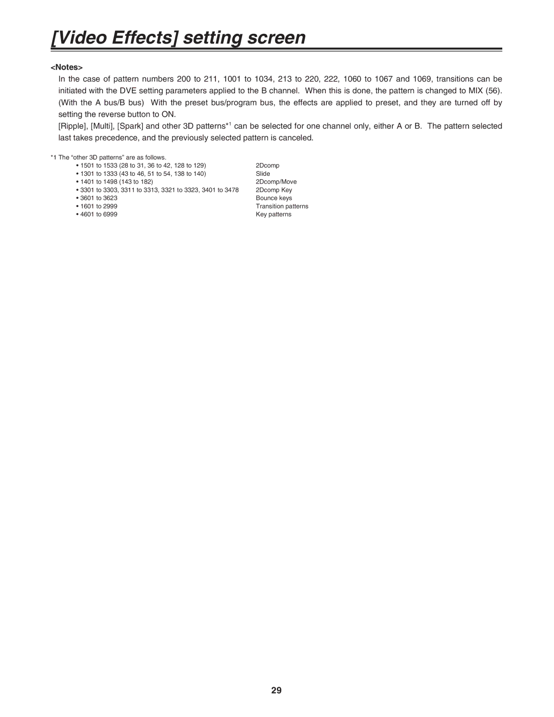 Panasonic AG-MX70 manual Video Effects setting screen 