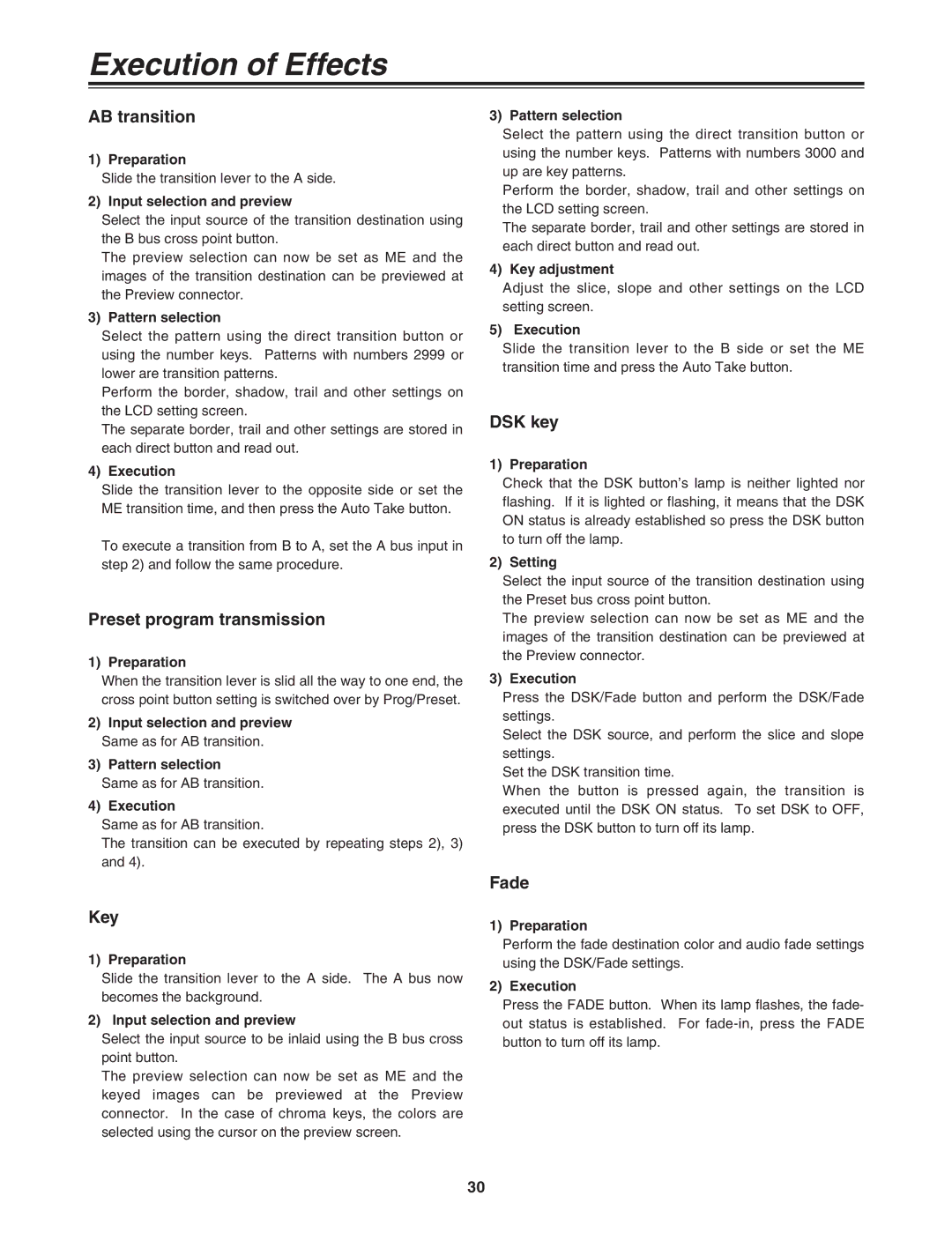 Panasonic AG-MX70 manual Execution of Effects, AB transition, Preset program transmission, DSK key, Fade 