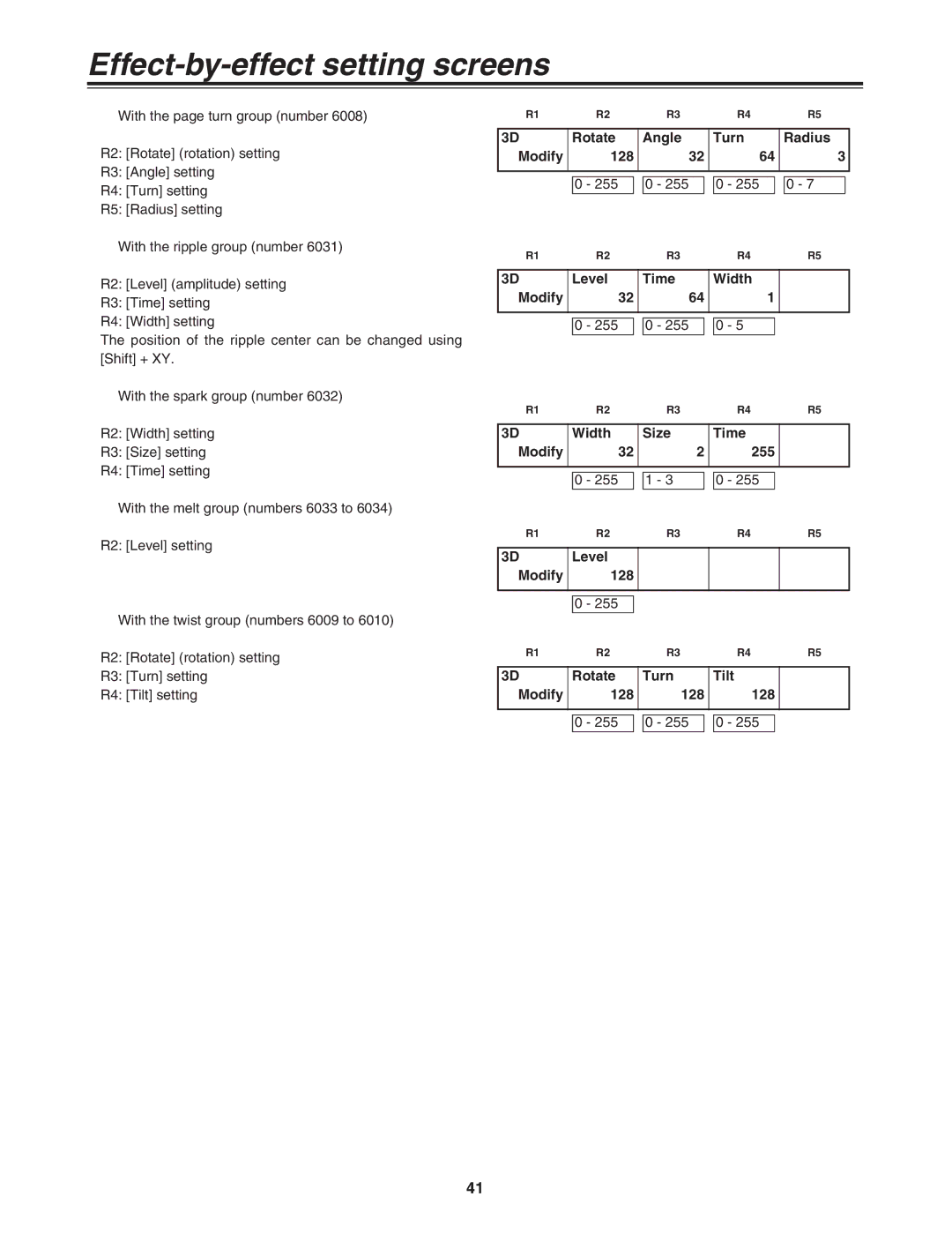 Panasonic AG-MX70 manual Effect-by-effect setting screens 