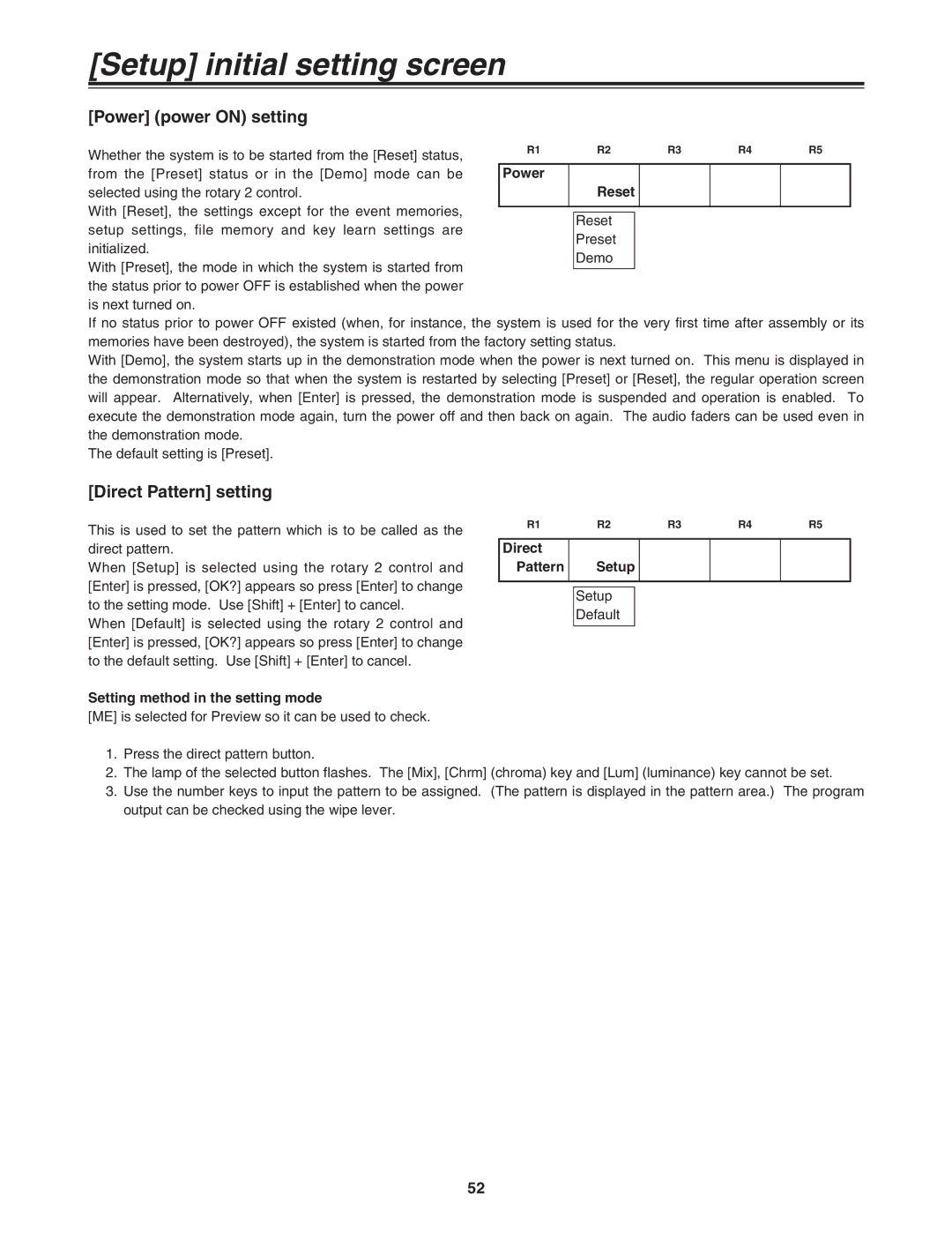 Panasonic AG-MX70 manual Power power on setting, Direct Pattern setting 