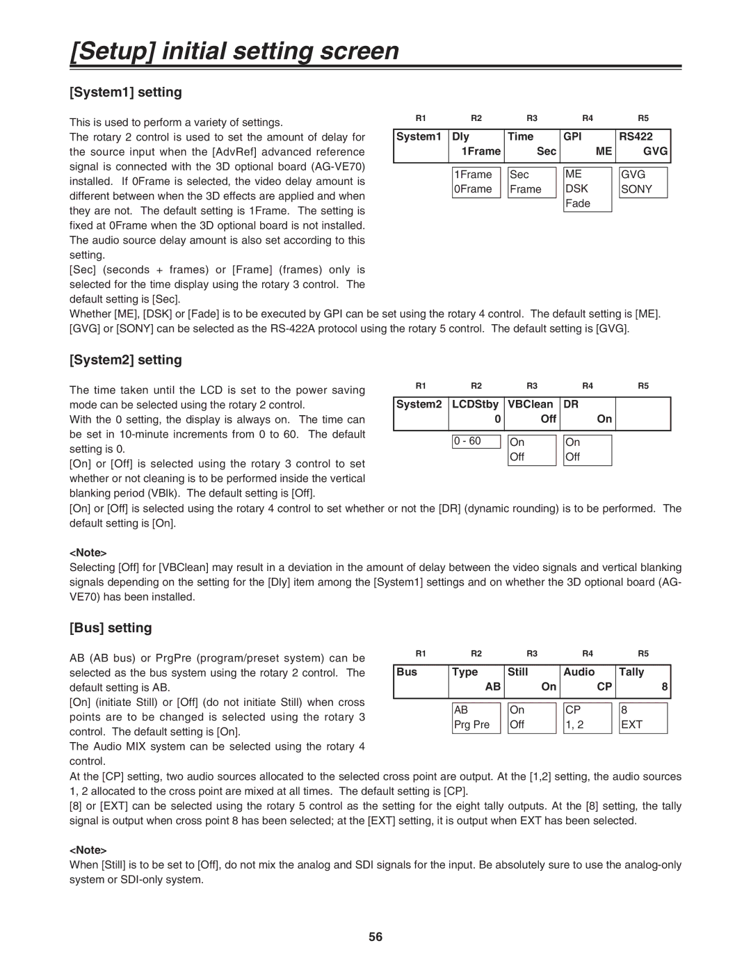 Panasonic AG-MX70 manual System1 setting, System2 setting, Bus setting 