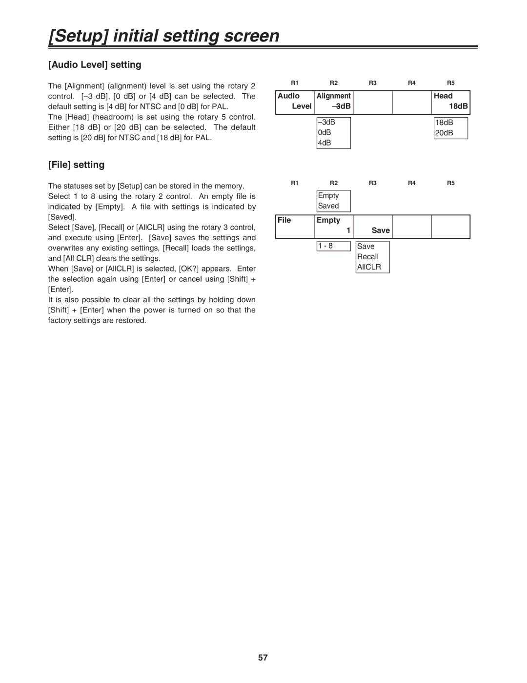 Panasonic AG-MX70 manual Audio Level setting, File setting 