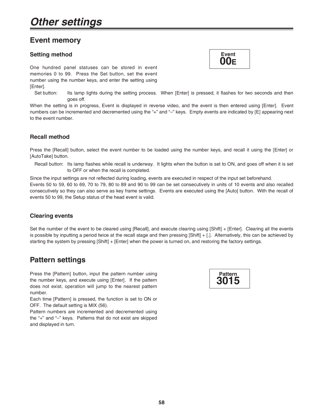 Panasonic AG-MX70 manual Other settings, Setting method, Recall method, Clearing events 