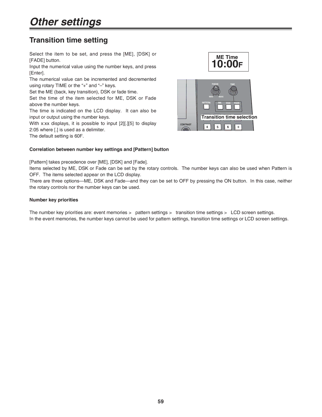 Panasonic AG-MX70 manual Transition time selection, Correlation between number key settings and Pattern button 