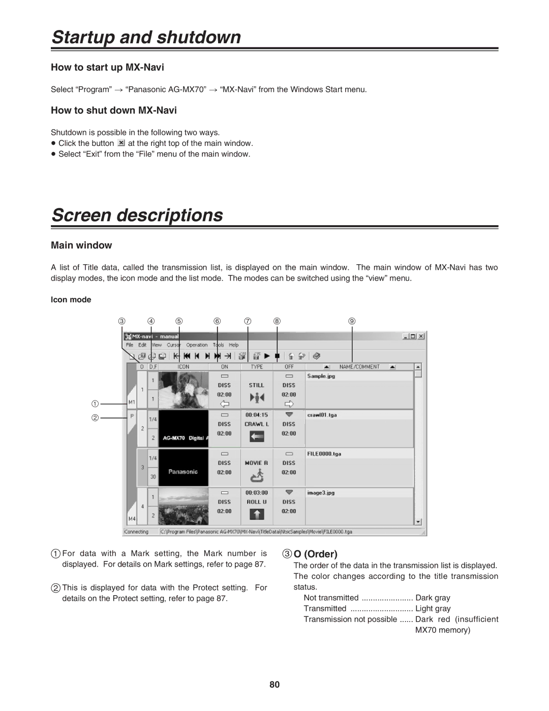 Panasonic AG-MX70 manual Startup and shutdown, Screen descriptions 