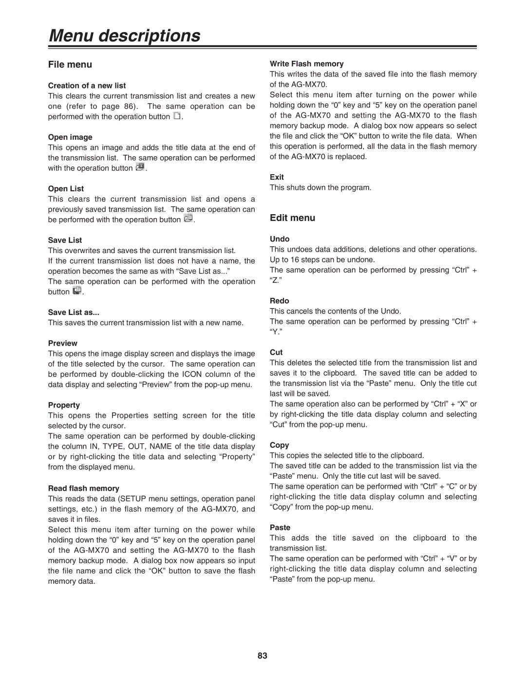 Panasonic AG-MX70 manual Menu descriptions, File menu, Edit menu 