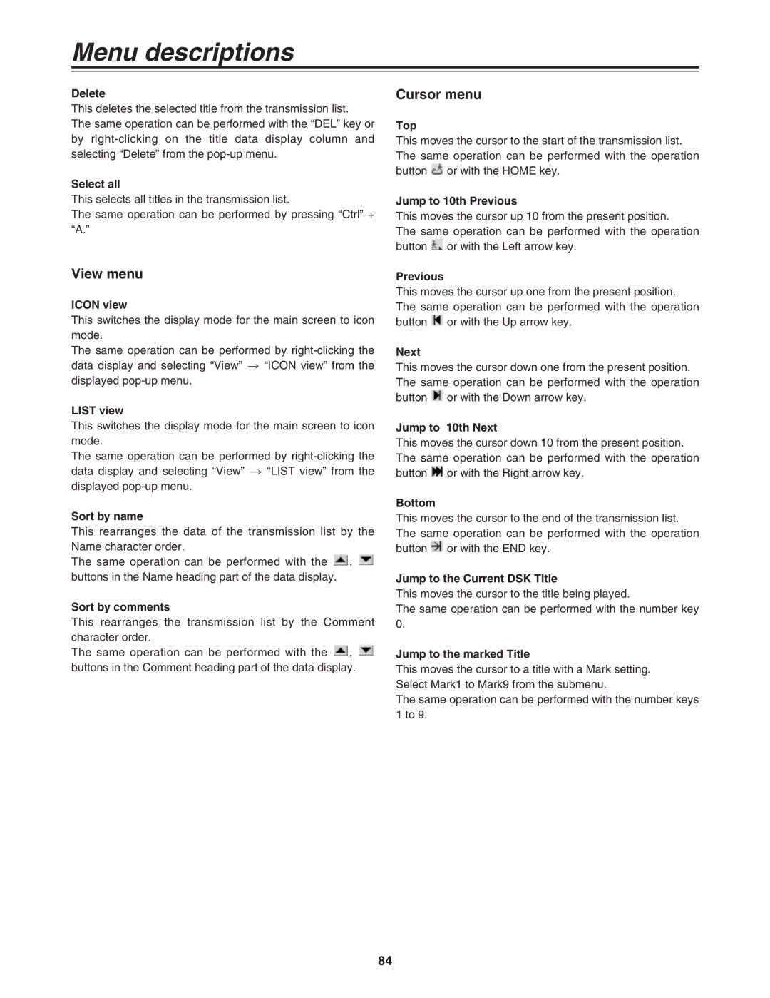 Panasonic AG-MX70 manual View menu, Cursor menu 