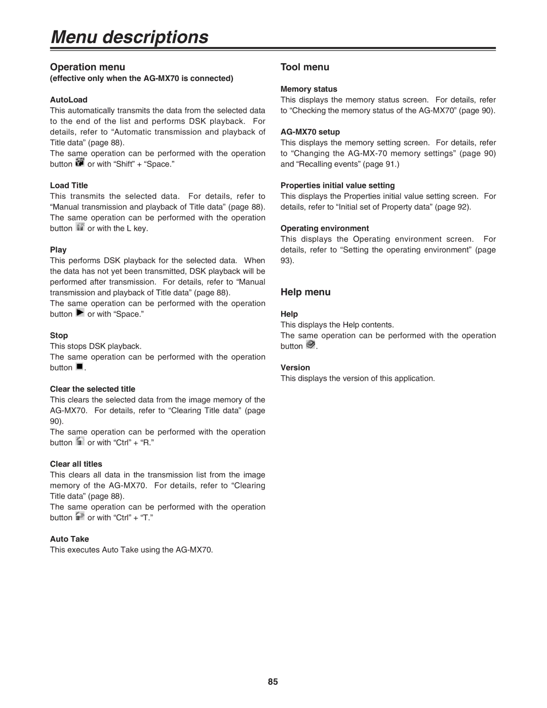 Panasonic AG-MX70 manual Operation menu, Tool menu, Help menu 